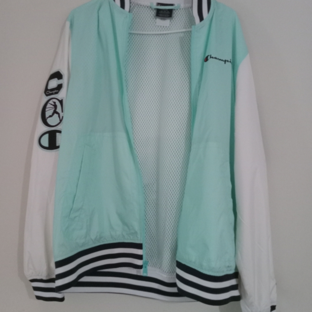 Seafoam blue & white Champion jacket..lightweight large